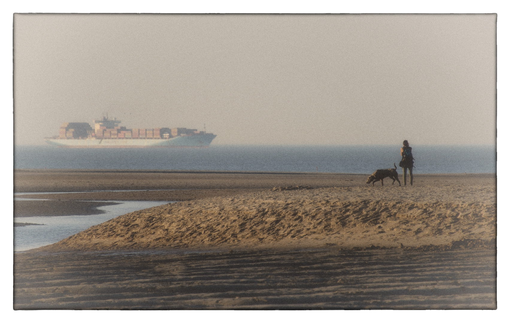 Containerschiff im Abenddunst - Porte-conteneurs dans la brume du soir