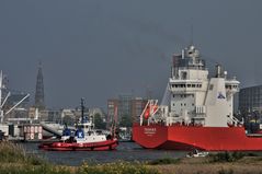 Containerschiff vor der Überseebrücke Hamburg