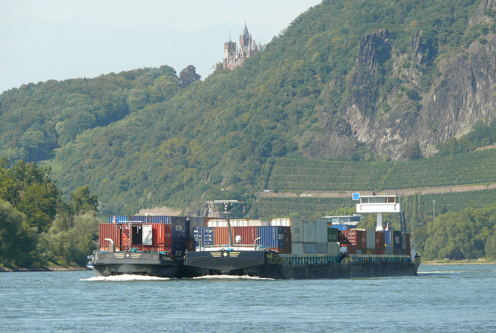 Containerschiffe unter Schloss Drachenburg