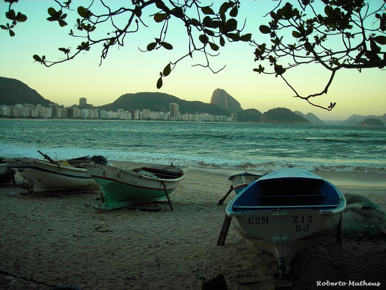 Copacabana Beach Fishermen Boats and Sugar Loaf in sunset / Series: Rio Silhouettes.