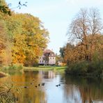 Cottbus, Branitzer Park: Blick vom Kugelberg über den Schilfsee zum Schloss