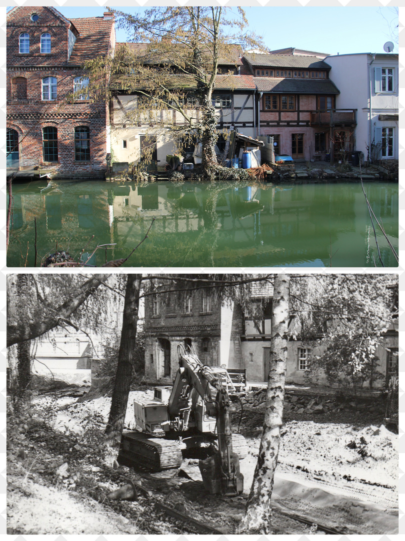 Cottbus: Klein Venedig am Mühlgraben heute und in den 80er Jahren während der Entschlammung