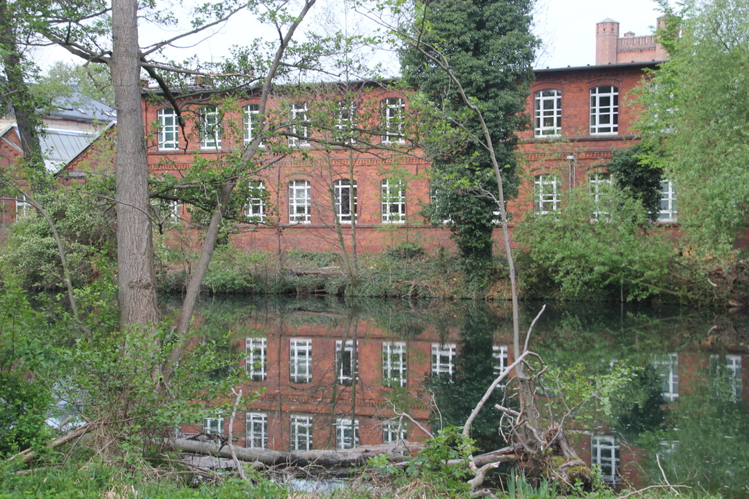 Cottbus: Spiegelung eines alten Fabrikgebäudes in der Spree