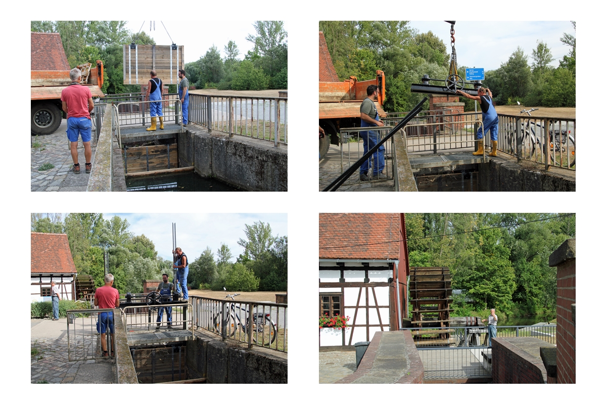 Cottbus, Spreewehrmühle: Ein neues Mühlenwehr wird eingebaut