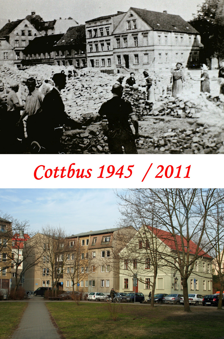 Cottbus: Vor dem Pfarrhaus im Stadtzentrum 1945 und heute