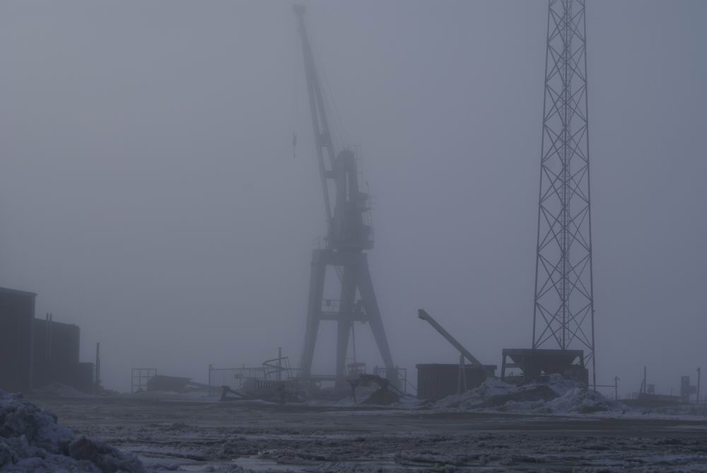 Crane in the fog