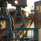 cranes and dock against the light