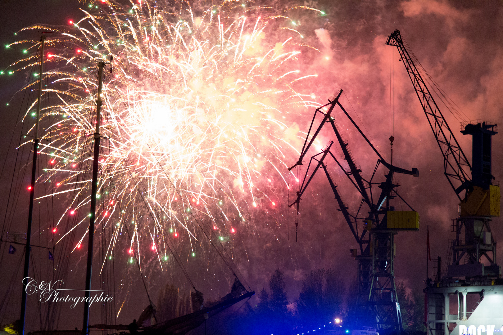 Cranes meet fireworks