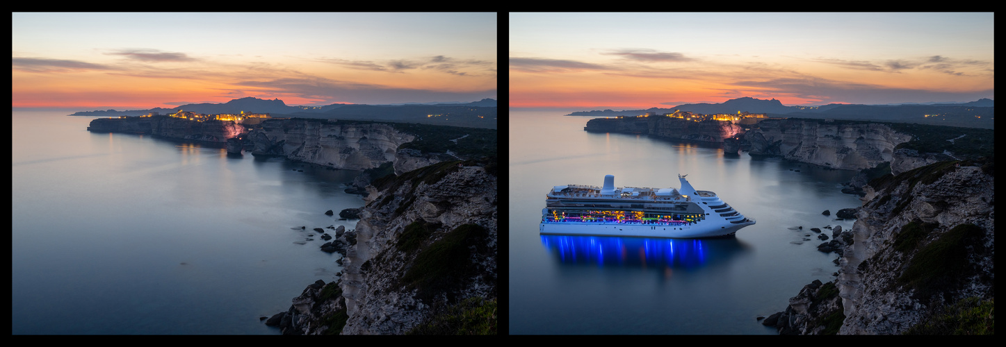 Cruise ship with lights on