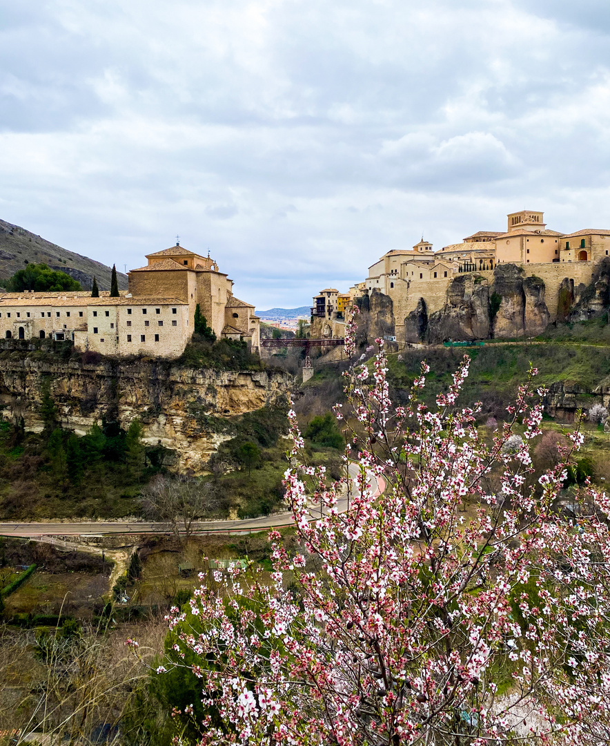 Cuenca a través de un almendro en flor 