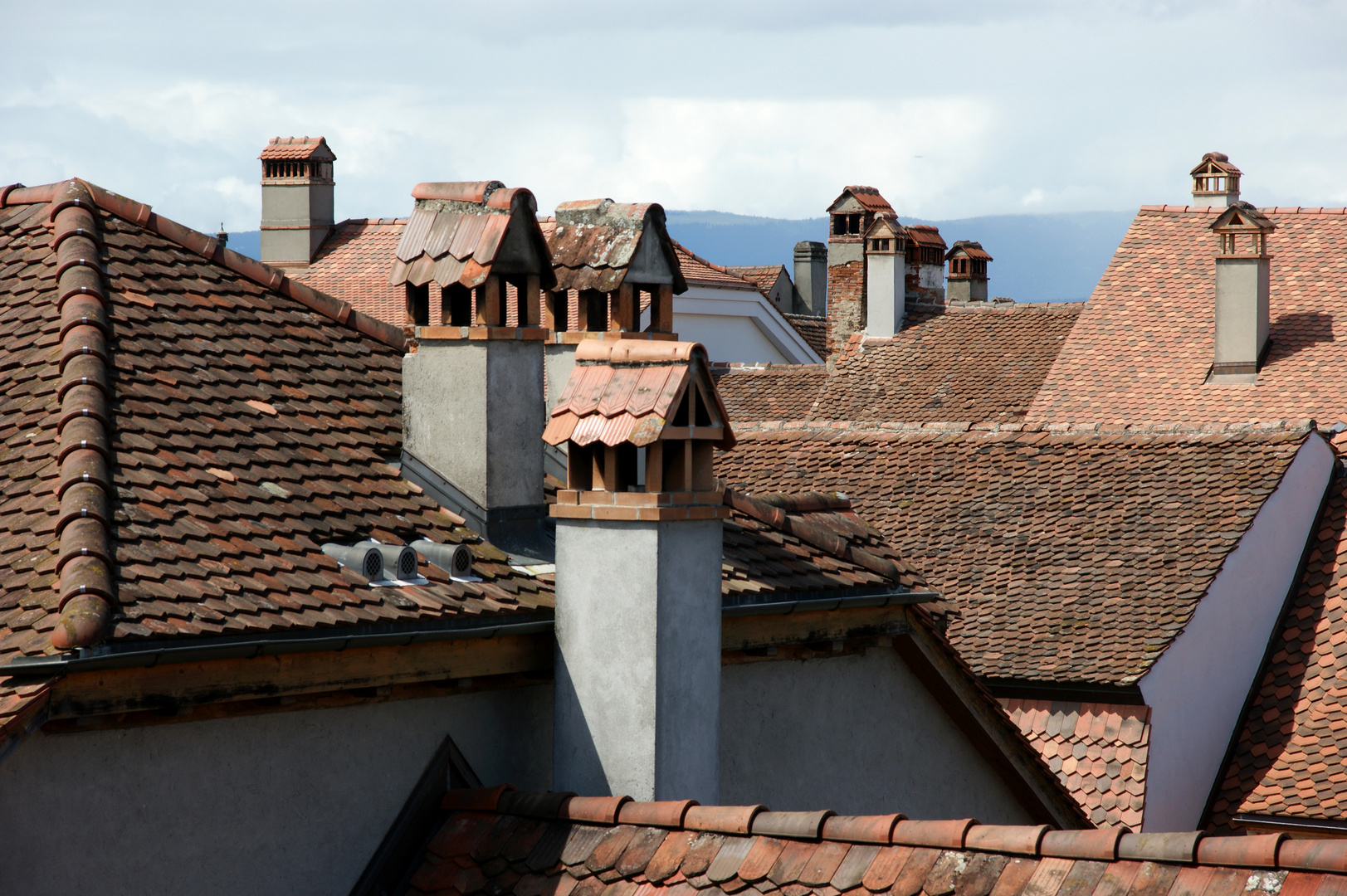 Dächer mit Kamine in Murten (Schweiz)