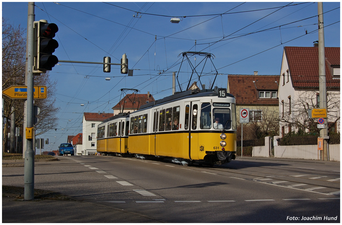 Damals in Zuffenhausen: GT 4 Nr. 631 + 430 auf der Linie 15