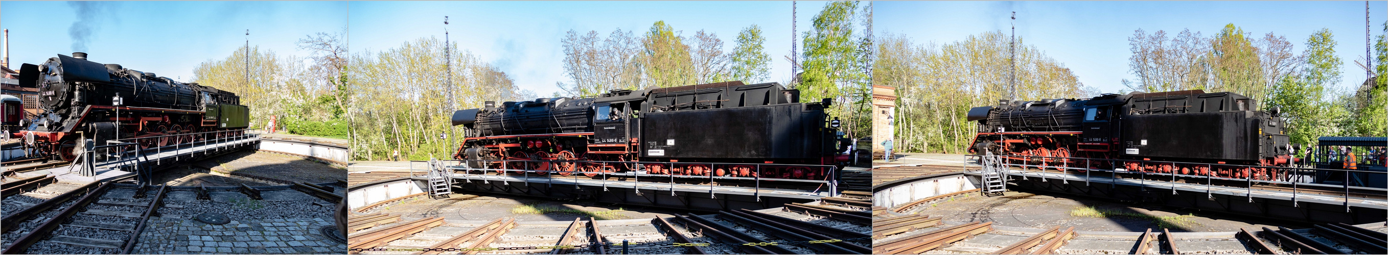 Dampflok 44 1686-8 auf der Drehscheibe und beim Verlassen der Drehscheibe