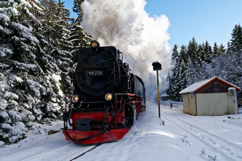 Dampfzug in verschneiter Winterlandschaft