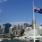 Darling Harbour mit Nationalflagge auf Halbmast