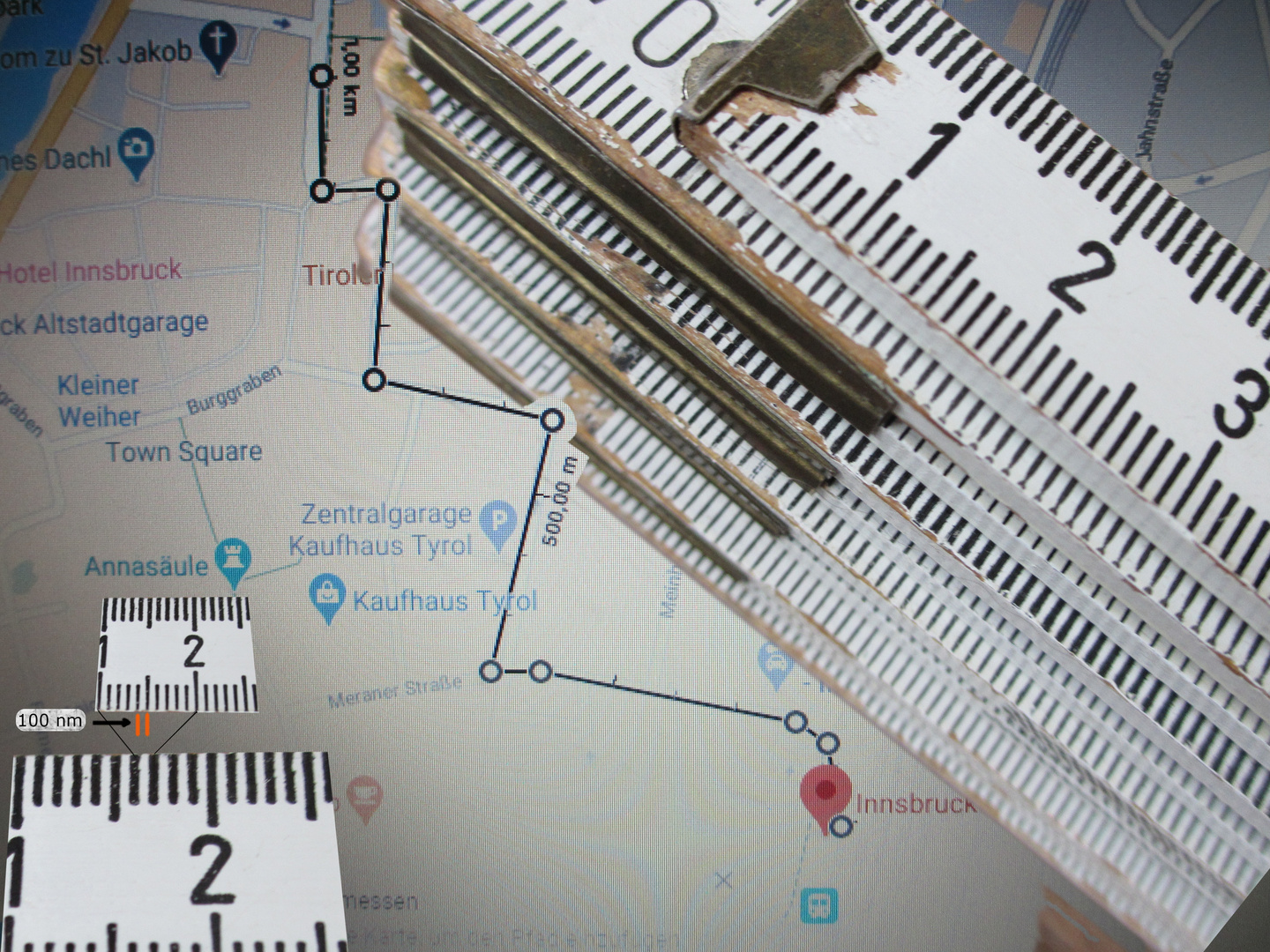 Darstellung von 100 Nano(kilo)meter  (Corona-Virusgröße = 120 Nanometer)