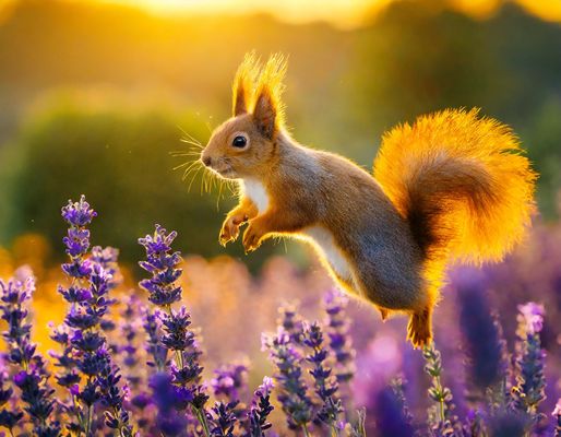 Das Eichhörnchen beim Sonnenaufgang