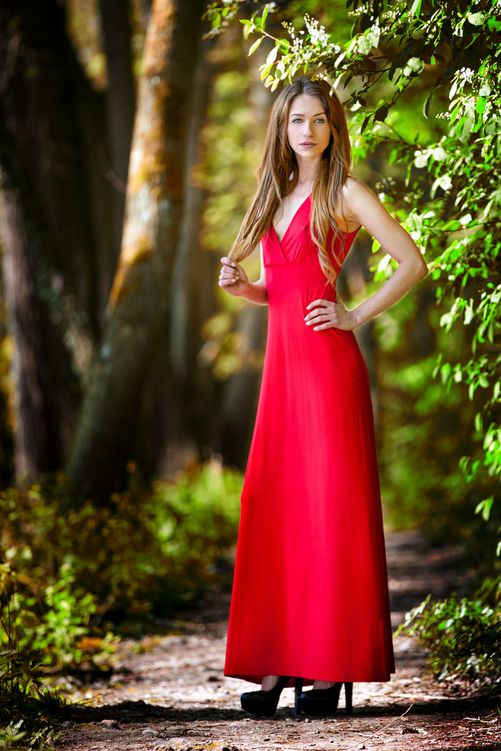 das rote Kleid im Wald