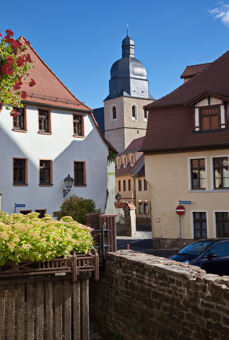 Das Storchennest in der Altstadt von Lutherstadt Eisleben mit Blick auf Luthers Taufkirche 