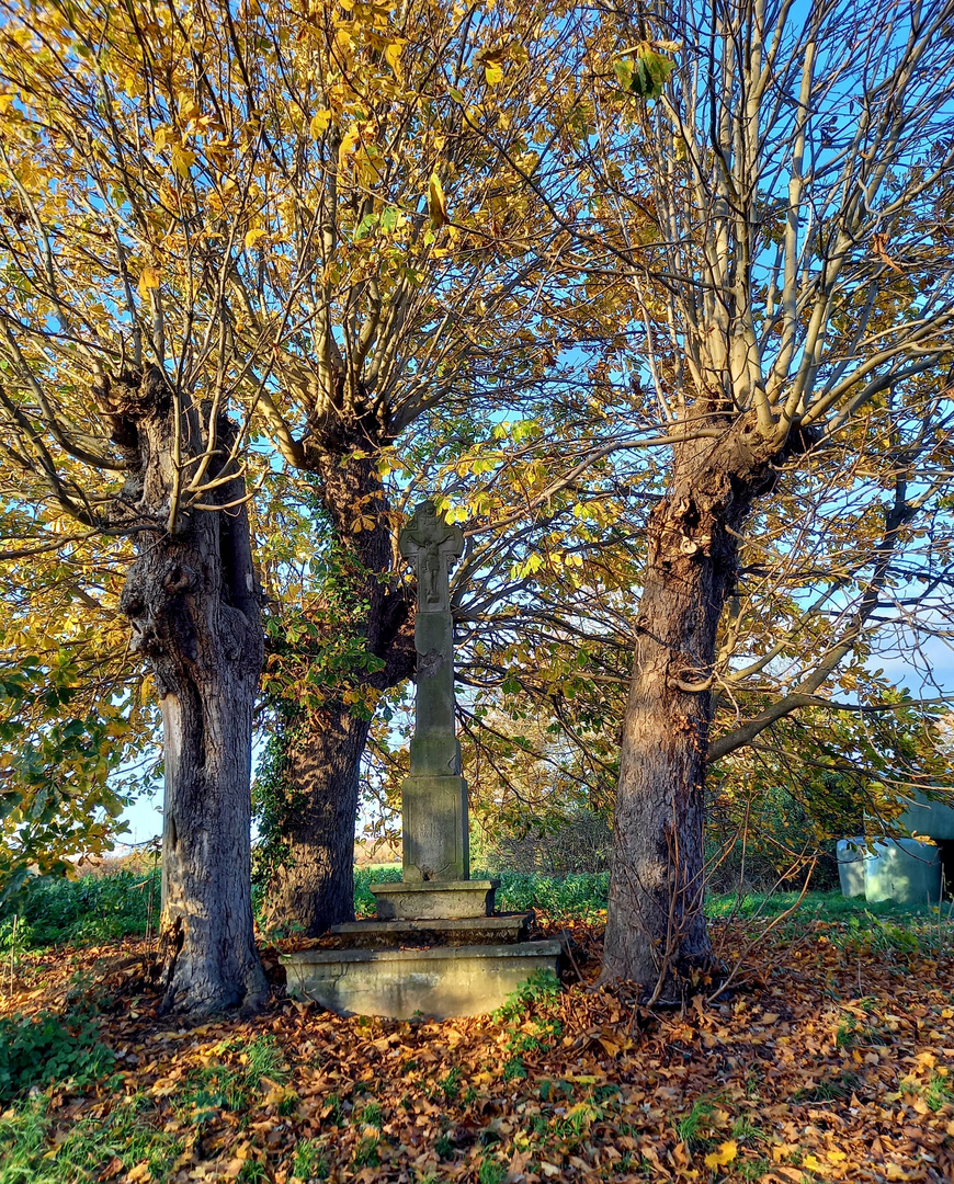 das Wegkreuz im Herbst.