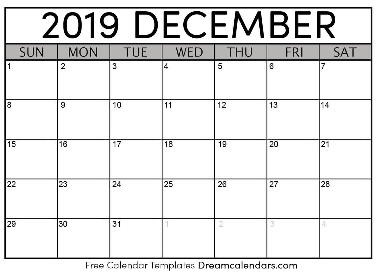 December 2019 Calendar Printable