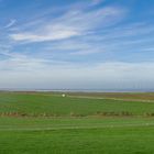 Deichvorland an der östlichen Dollart-Küste (Rheiderland) mit der sog. "Bohrinsel" (links), ...