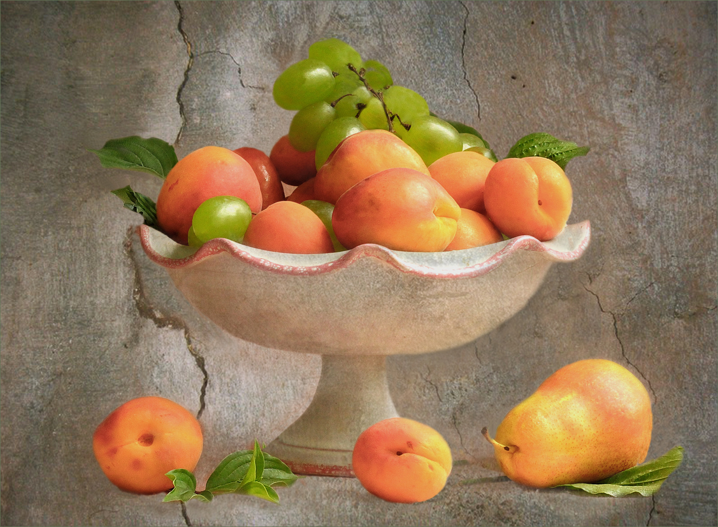 Dekoration mit Aprikosen und Weintrauben 