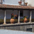 Dekorative Säulen am Haus mit grossen Blumenvasen