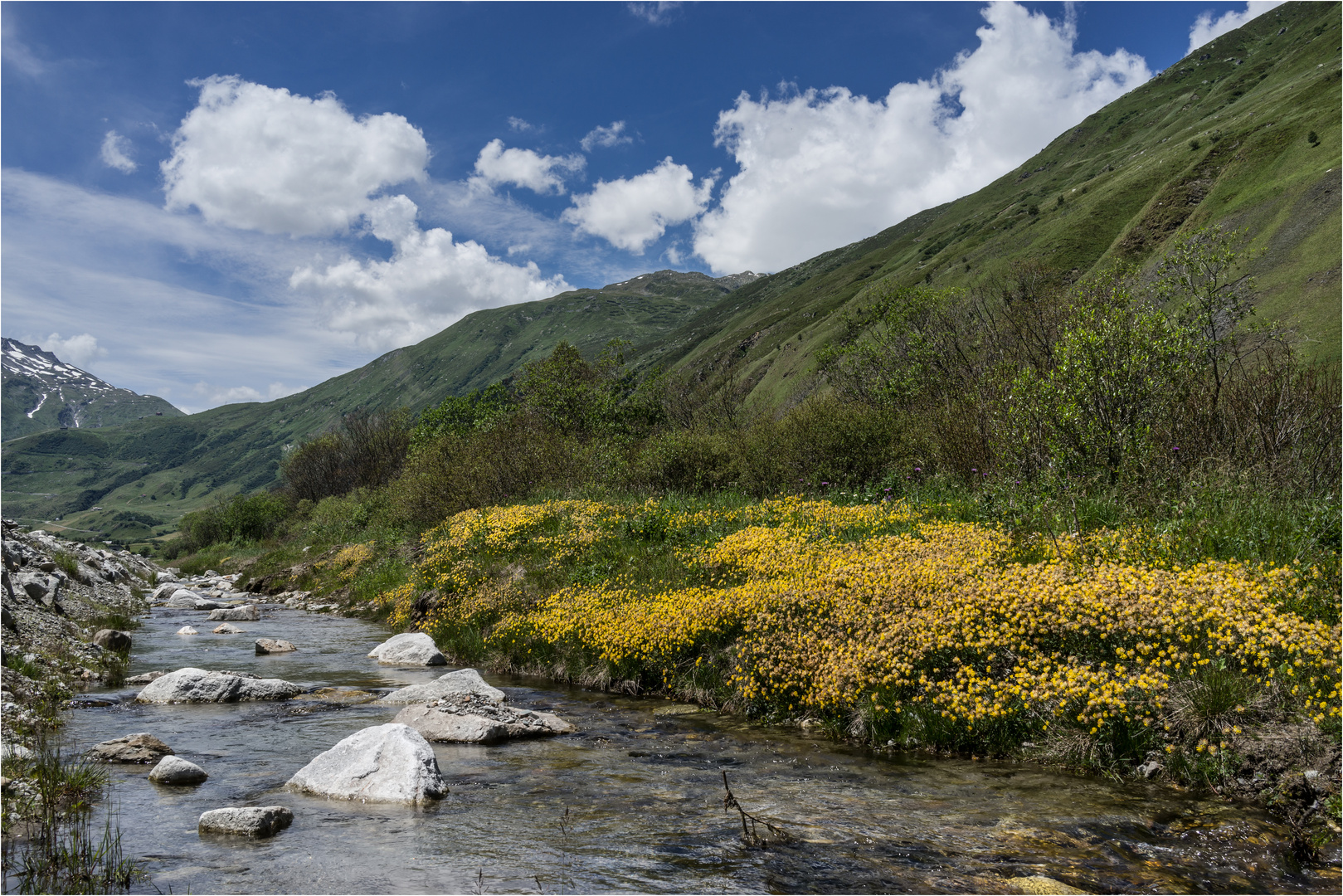 Den kühlen Bach und die Bergwelt geniessen .