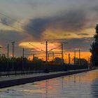 Der Bahnsteig nach dem Regen im Abendlicht