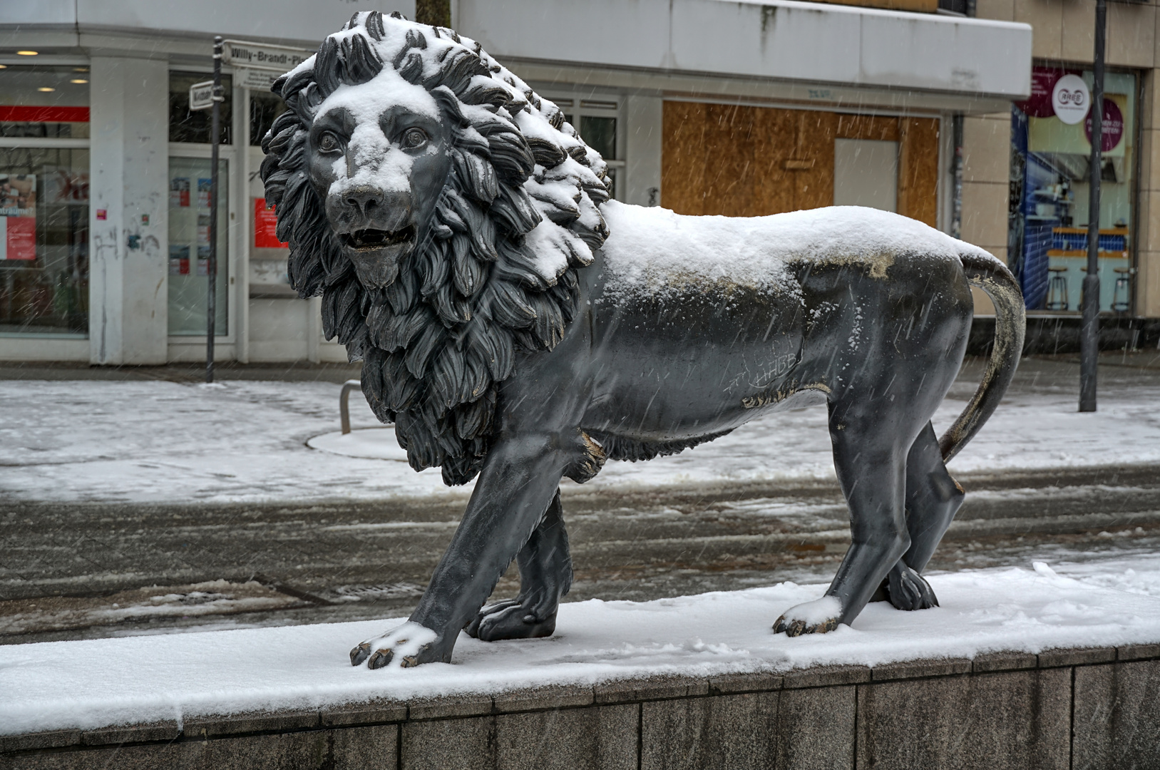 Der bergische Löwe trotzt dem Schnee