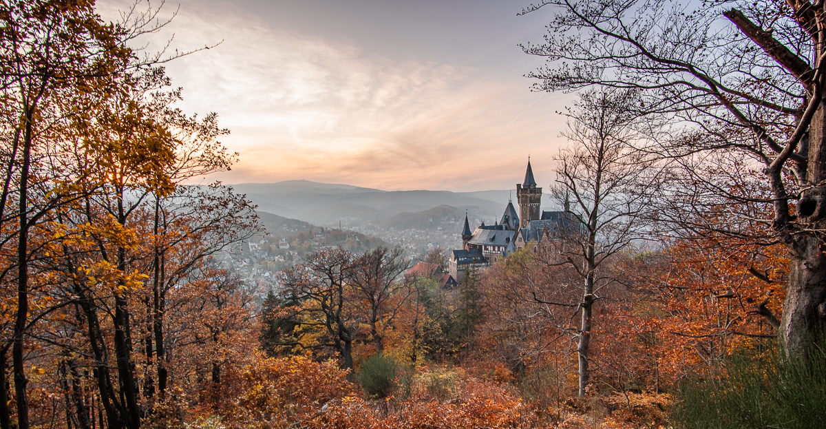 Der Blick vom Schloss Wernigerode bis zum Brocken 