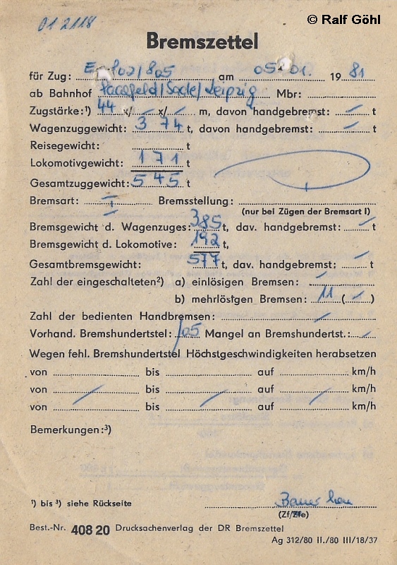 Der Bremszettel von 01 2118 vom 5. Jauar 1982