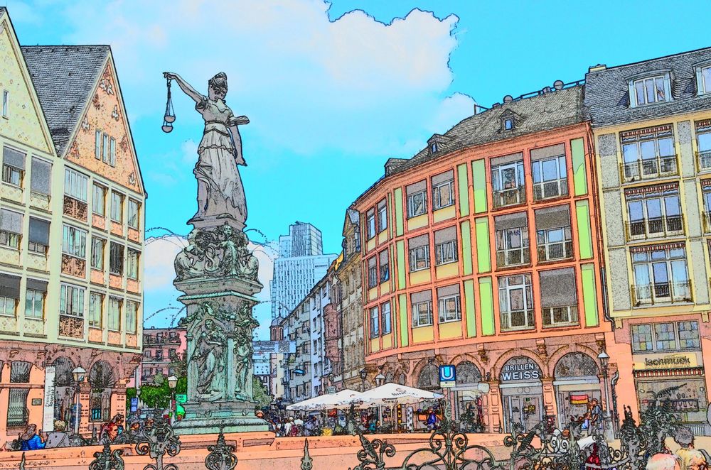Der Brunnen der Justitia zwischen dem Frankfurter Römer und Läden