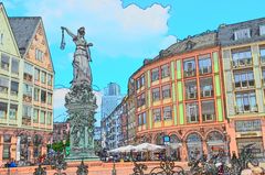 Der Brunnen der Justitia zwischen dem Frankfurter Römer und Läden