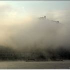 der Drachenfels im Nebel