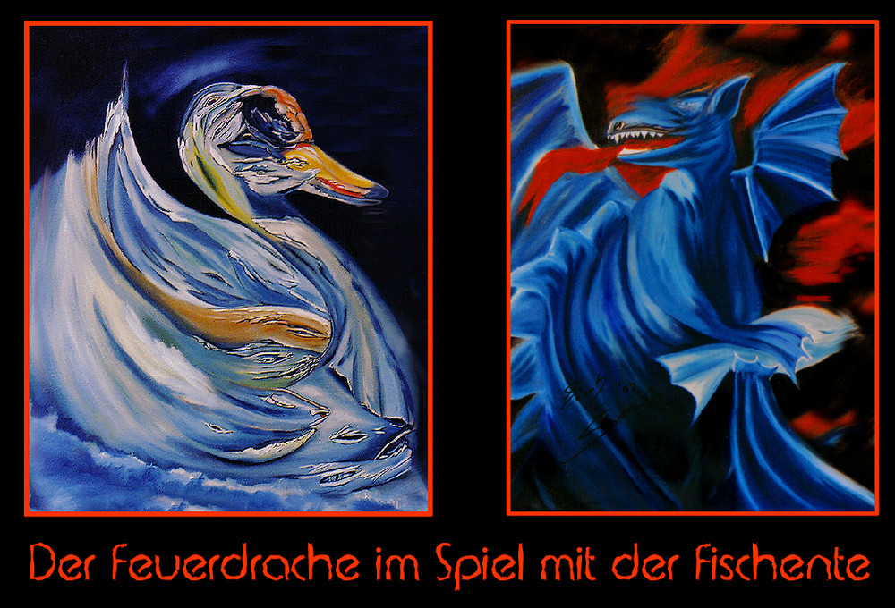 Der Feuerdrache im Spiel mit der Fischente