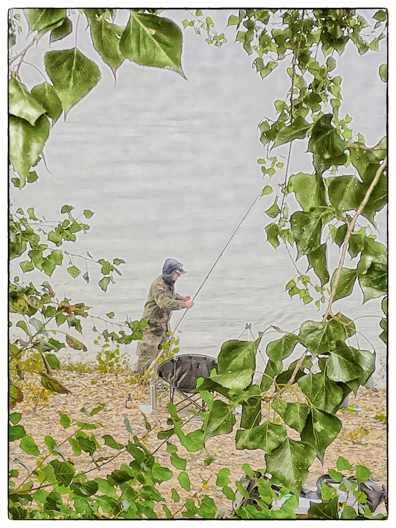 Der Fischer am Rheinufer - Le pêcheur au bord du Rhin