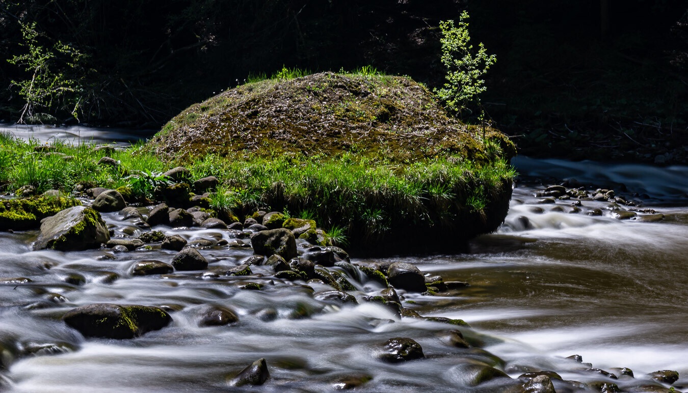 Der Fluss Sihl mit einem Findling dekoriert