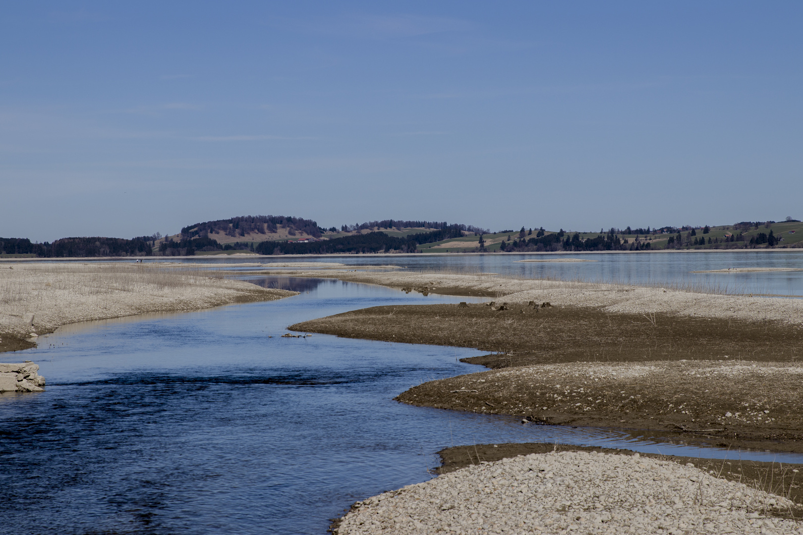 Der Forggensee bei abgelassenem Wasser