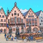 Der Frankfurter Römer als Farbzeichnung mit Personen 2000