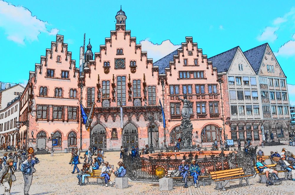 Der Frankfurter Römer als Farbzeichnung mit Personen 2000
