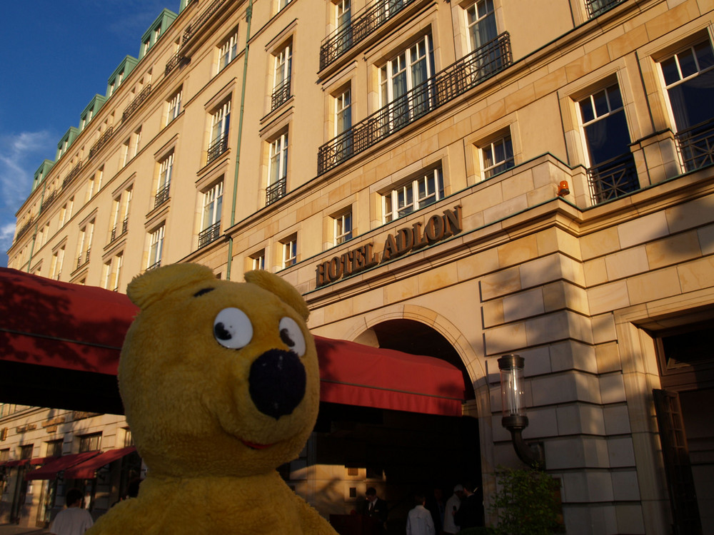 Der gelbe Bär in Berlin vor dem Einchecken