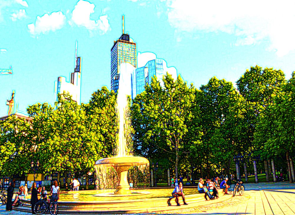 Der goldene Brunnen in Sonne am Opernplatz - in Neon Galaxy1