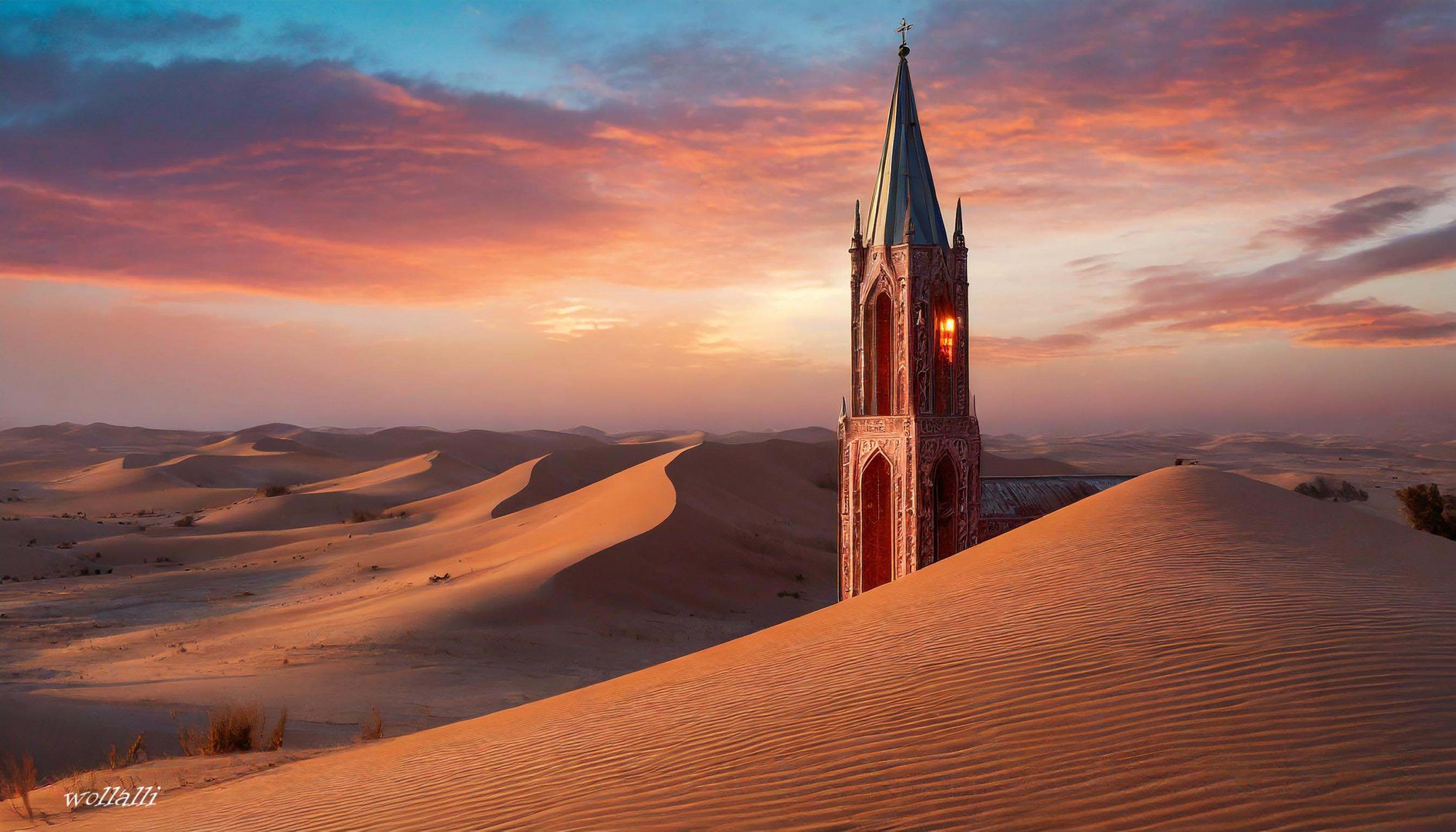Der gotische Kirchturm in der Wüste