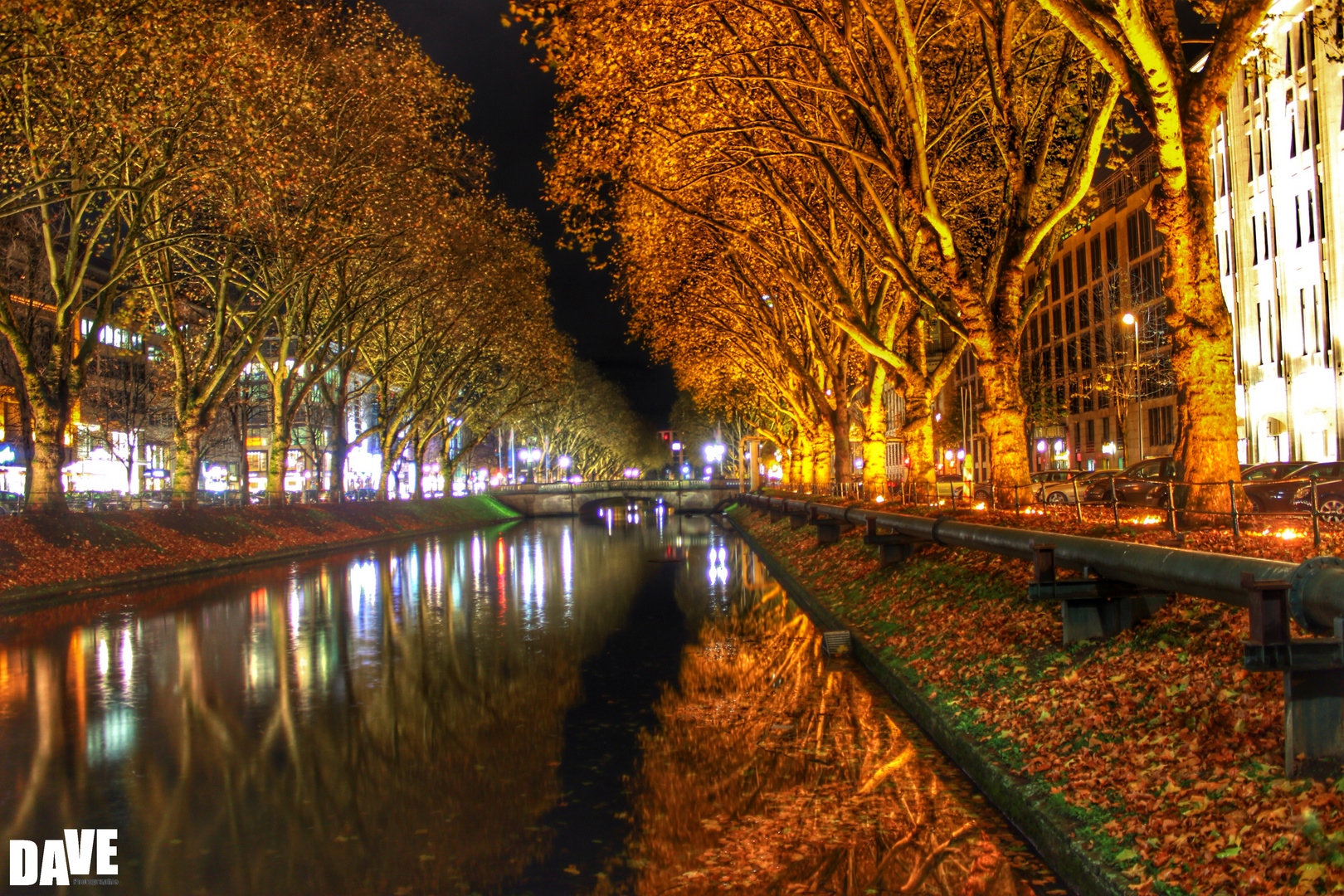 Der herbstliche Kö-Graben bei Nacht.