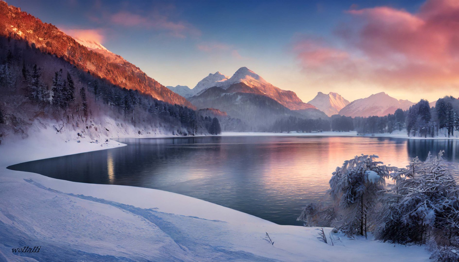 Der herrliche Bergsee im Winter