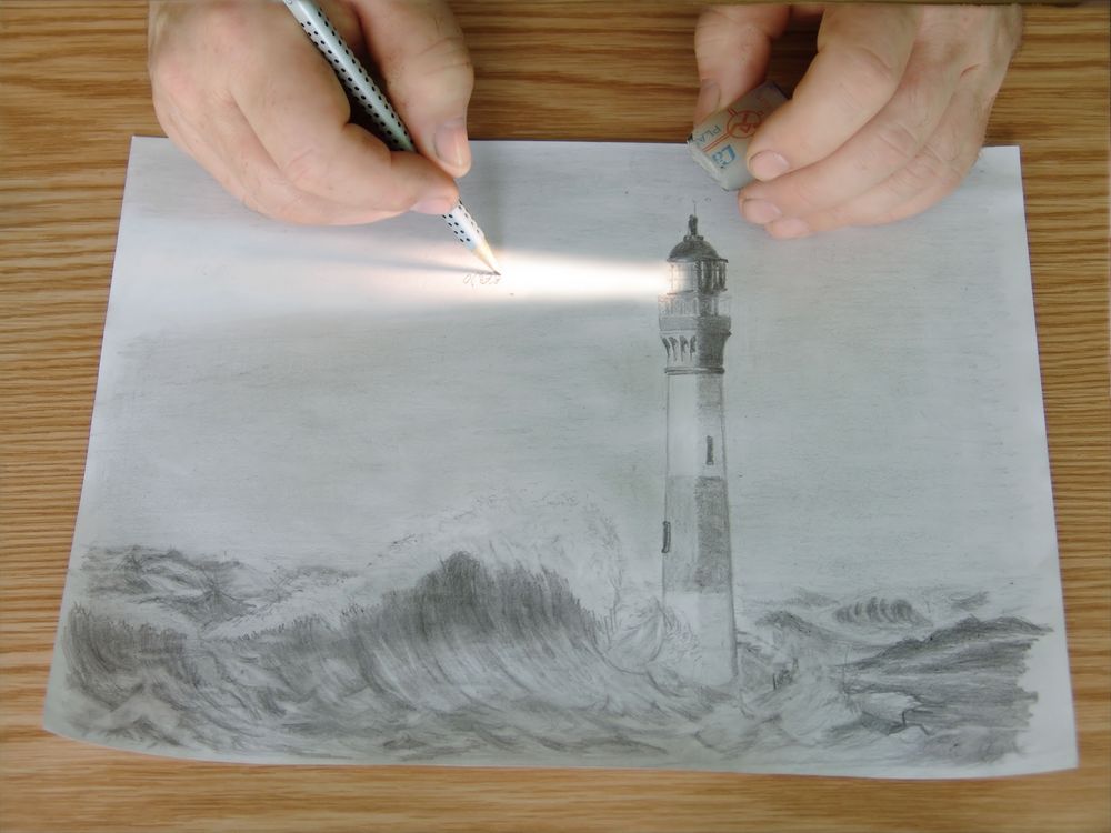 Der Leuchtturm Und Sein Licht Foto Bild Fotomontage Surreal Fotos Mit Zeichnung Bilder Auf Fotocommunity