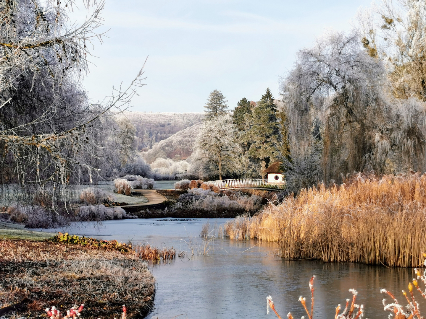 Der "Malerblick" im winterlichen Kurpark von Bad Pyrmont im Weserbergland