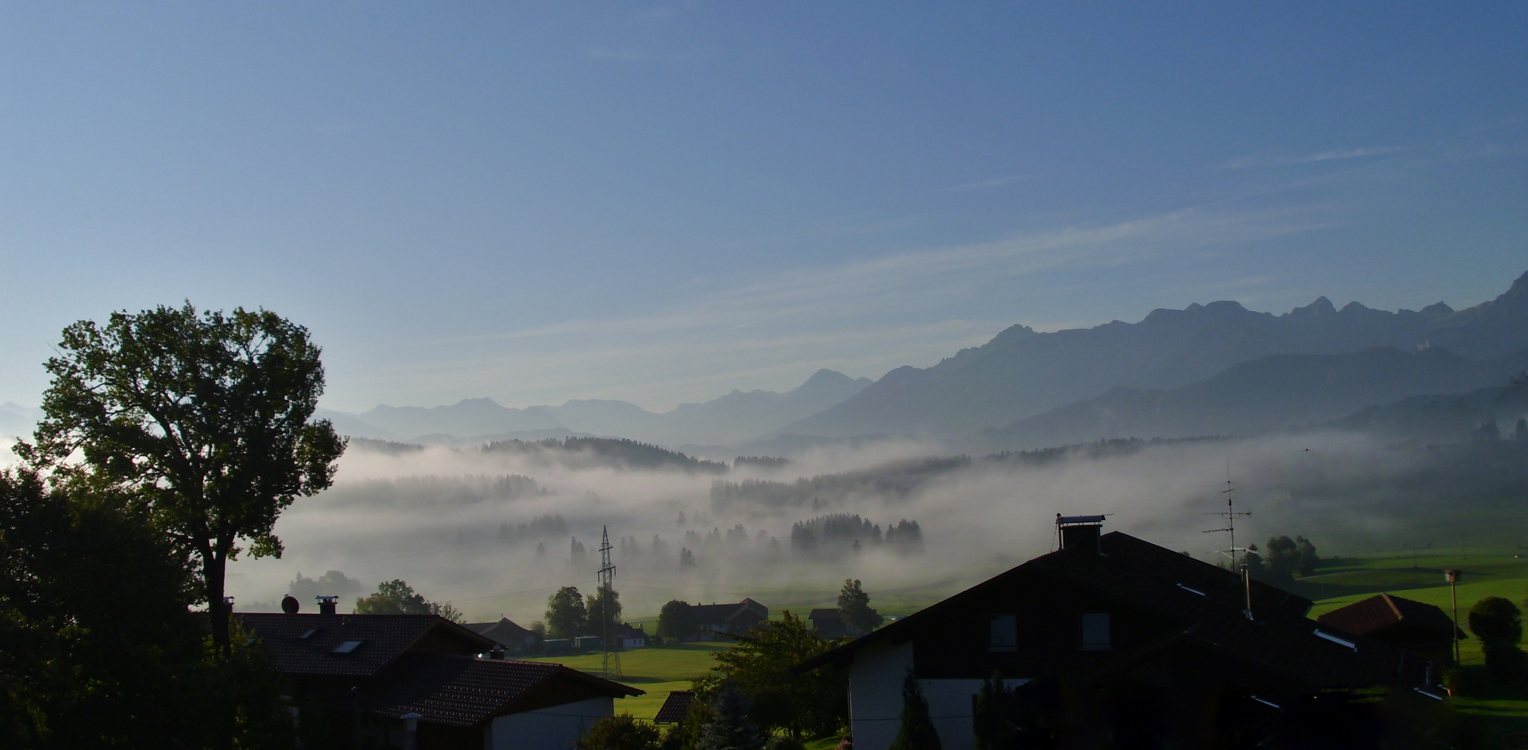 Der Morgennebel lichtet sich, in Seeg im Allgäu